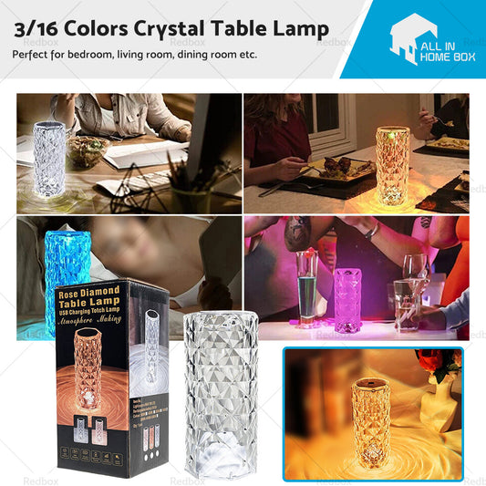Crystal Table Lamp With Rose Diamond Touch LED Light Suitable For Universal Use, 3 or 16 Color, USB Powered
