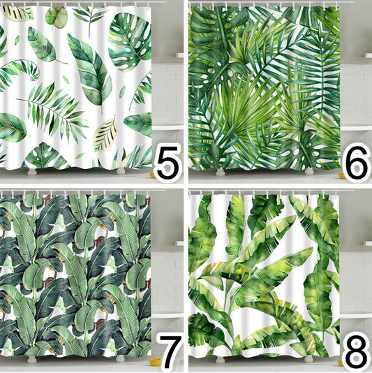 Bathroom Fabric Shower Curtain 12 Hook Set Water Resistant Tropical Plants Panel