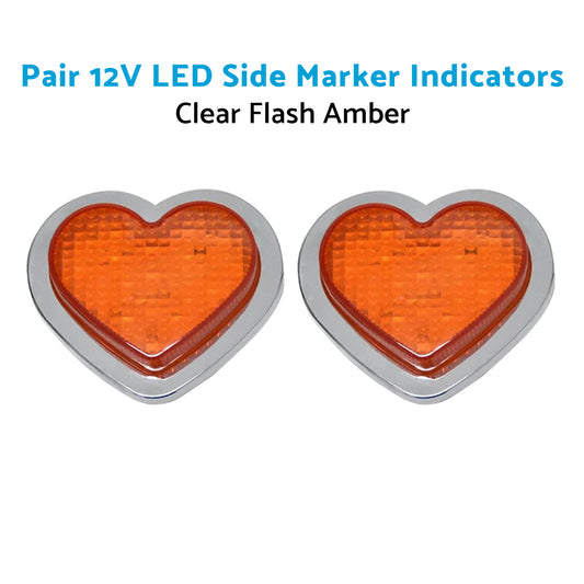 Heart Pair 12V LED Side Marker Indicators Clear Flash Amber