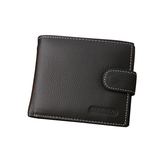 Men's Bi-Fold Wallet Black Top Layer Cowhide Leather With Card Slots & Coin Pocket