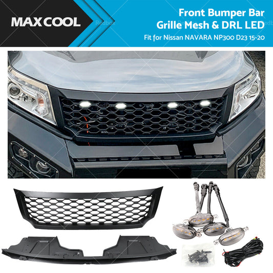 Black Bumper Bar Grille Mesh and LED Light Fits for Nissan NAVARA NP300 D23 15-20