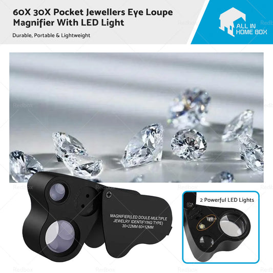 60x30mm Pocket Jeweller’s Eye Loupe Magnifier With LED Light Suitable For Jewelry