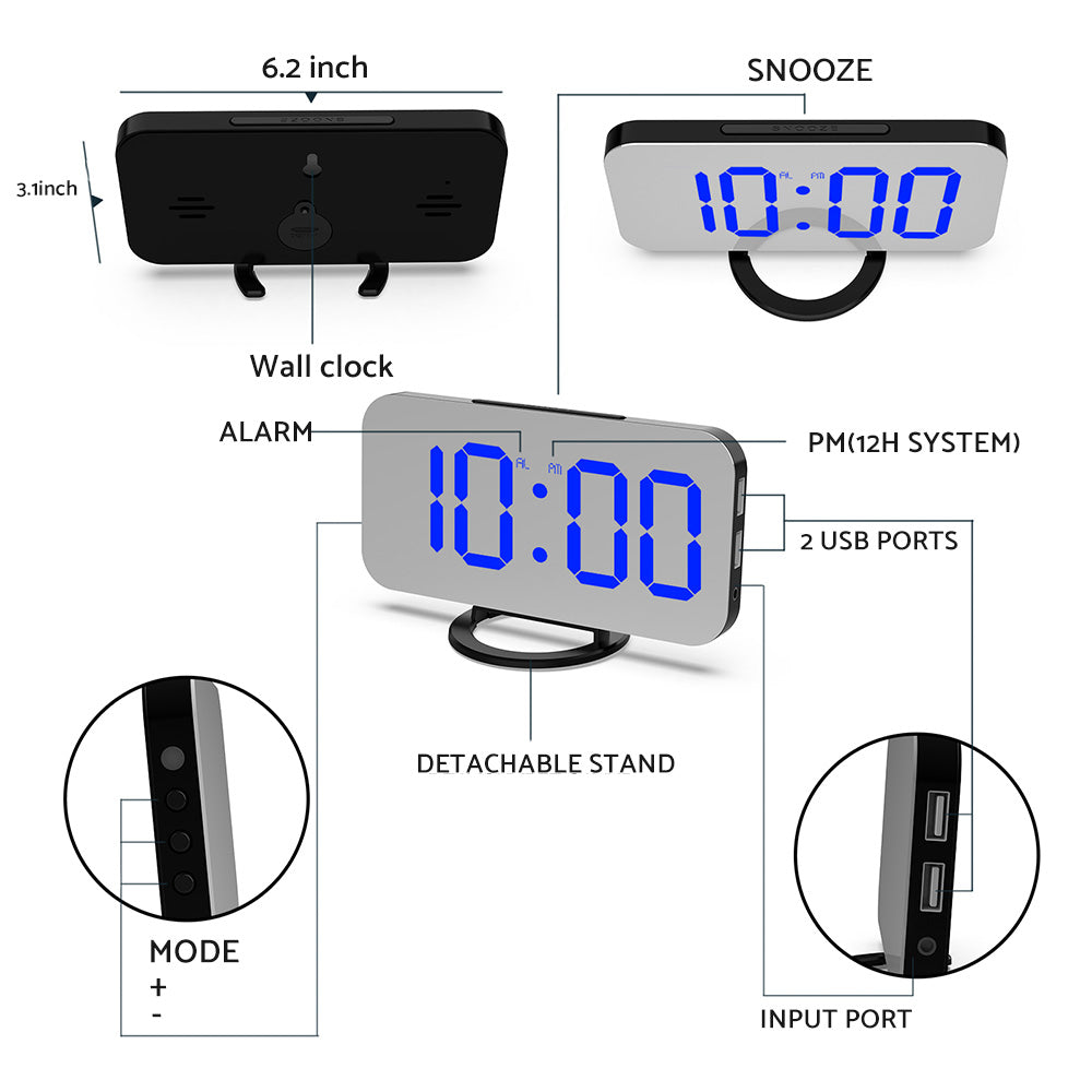 {{ Digital Alarm Clock Mirror LED Display Snooze Function Dim Mode Wall Bedroom }} - Buy Car Parts Online at {{ Kaka Auto Parts }}.