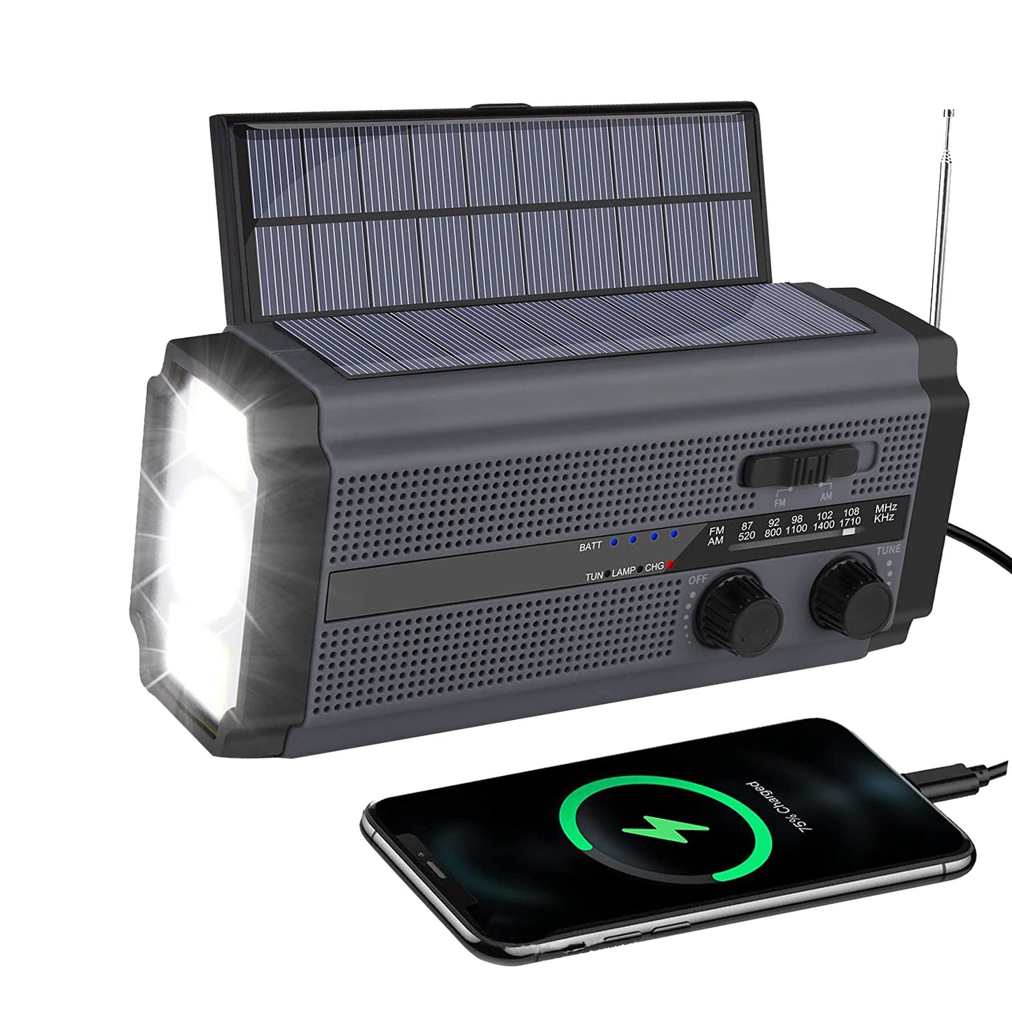 Solar Hand Crank Radio Emergency Weather 5000mAh Power Bank Flash Light Black