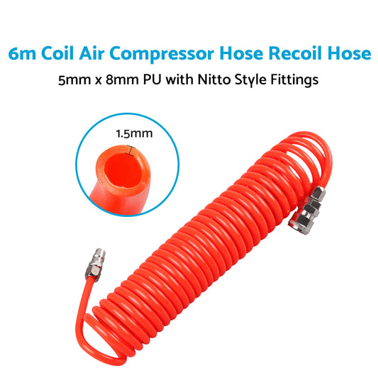 6m Coil Air Compressor Hose Recoil Hose 5mm x 8mm PU with Nitto Style Fittings