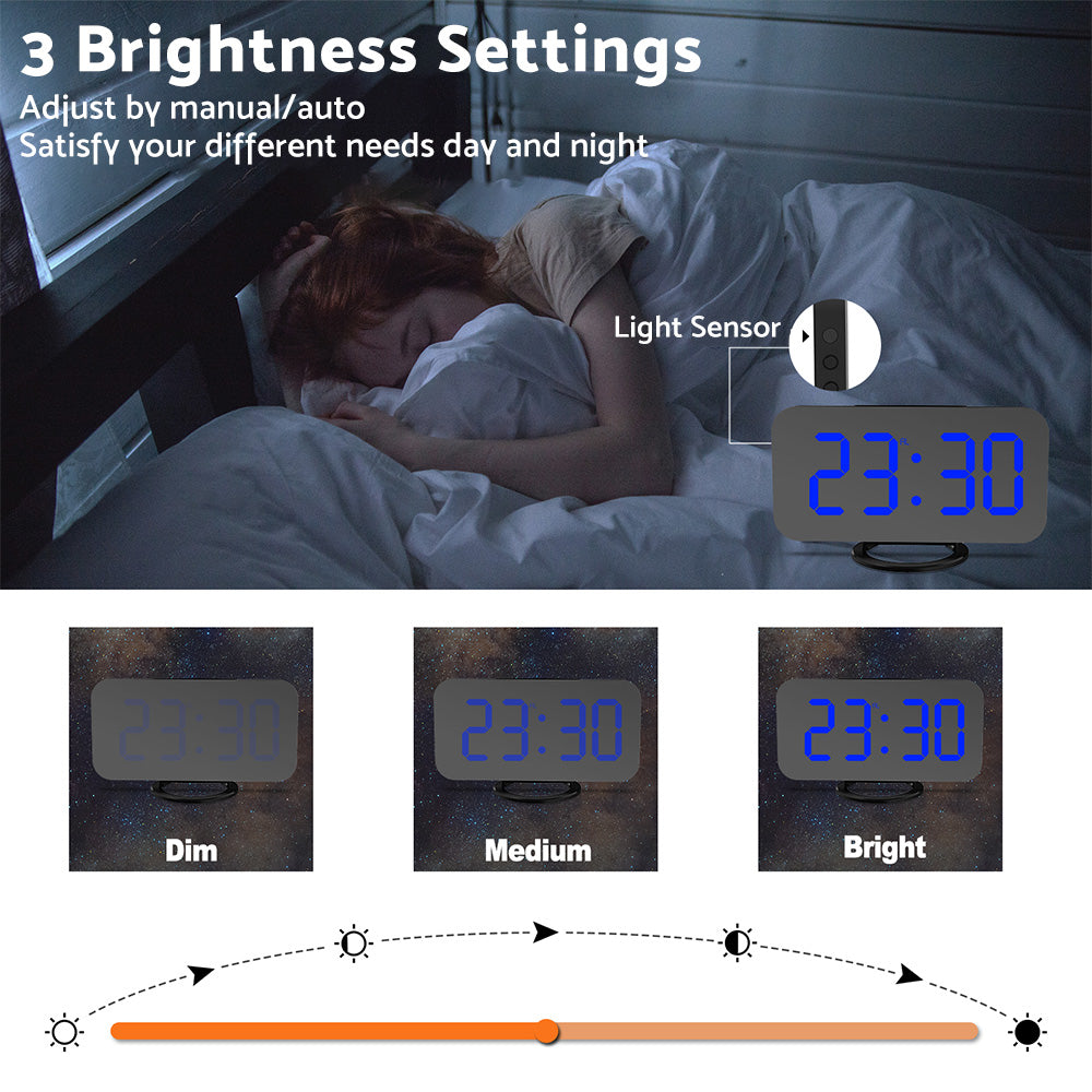 {{ Digital Alarm Clock Mirror LED Display Snooze Function Dim Mode Wall Bedroom }} - Buy Car Parts Online at {{ Kaka Auto Parts }}.