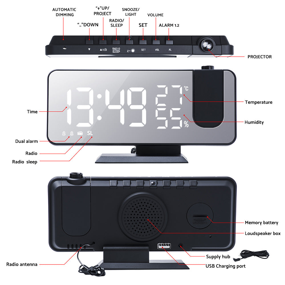 Projection on Ceiling Digital Dual Alarm Clock Bedroom Radio LED Big Screen