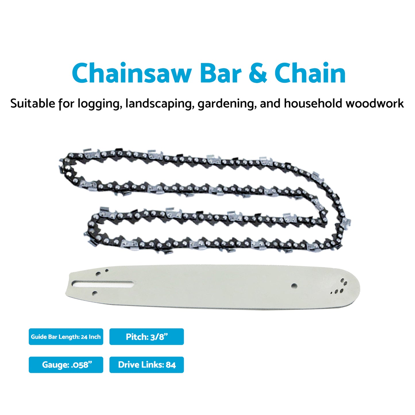 24'' Chainsaw Bar Chain Kit 3/8 .058 84DL Suitable For Husqvarna 61 160 162 180