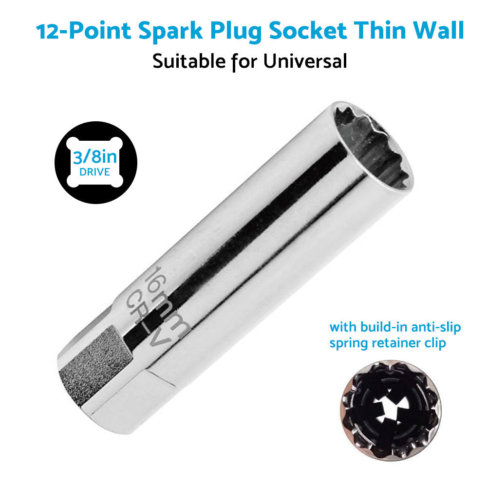 14mm and 16mm 12 Point Deep Thin Wall Spark Plug Socket 3/8 Inch Drive Suitable For Auto Car Removal