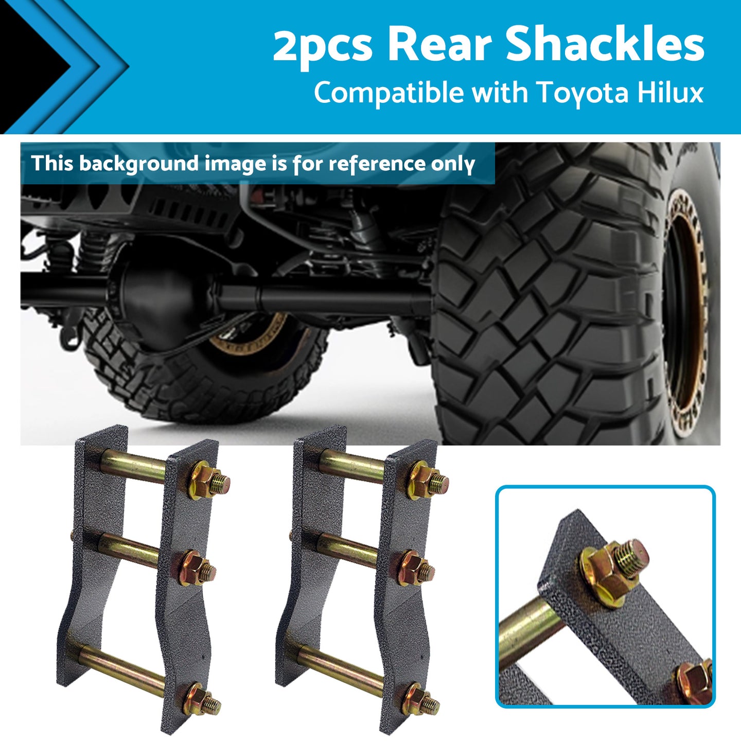 {{ 2x Rear Extended Greasable Shackles 2 inch  50mm Lift Suitable For Toyota Hilux KUN26 }} - Buy Car Parts Online at {{ Kaka Auto Parts }}.