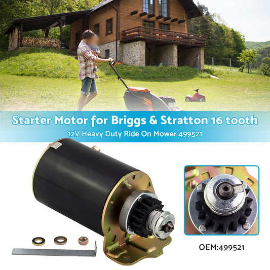 Starter Motor 16 Tooth 12V Heavy Duty Suitable For Briggs & Stratton Ride-On Mower 499521