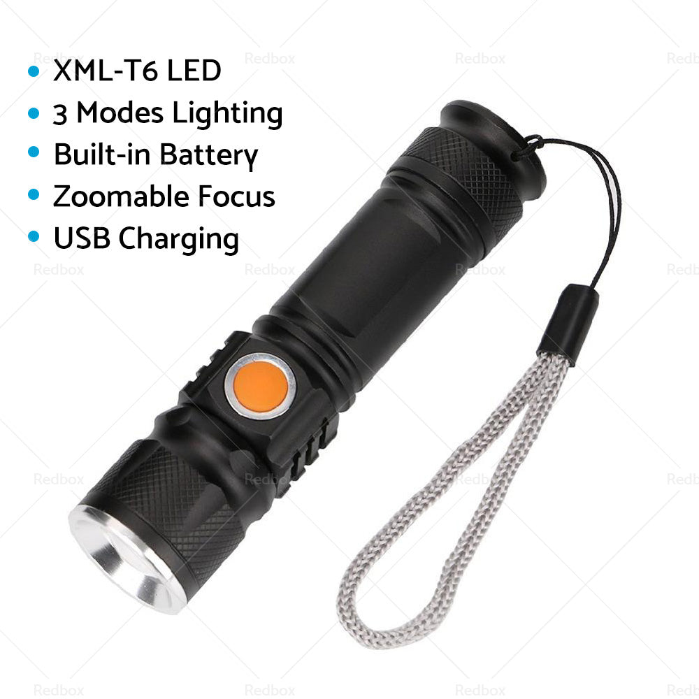 {{ 1pcs Black USB Rechargeable LED Flashlight Waterproof Torch Outdoor }} - Buy Car Parts Online at {{ Kaka Auto Parts }}.