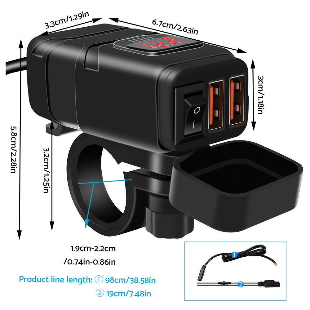 Dual USB Port Motorcycle Fast Charger Socket Suitable For Motorcycles – With LED Voltmeter Display & ON/OFF Switch