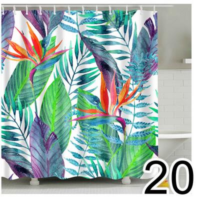 Bathroom Fabric Shower Curtain 12 Hook Set Water Resistant Tropical Plants Panel