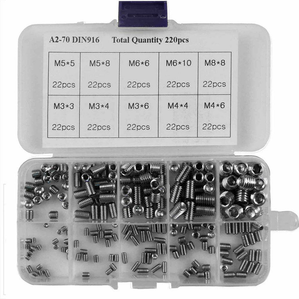 220Pcs Stainless Steel Allen Head Socket Set Grub Screws Assortment Kit