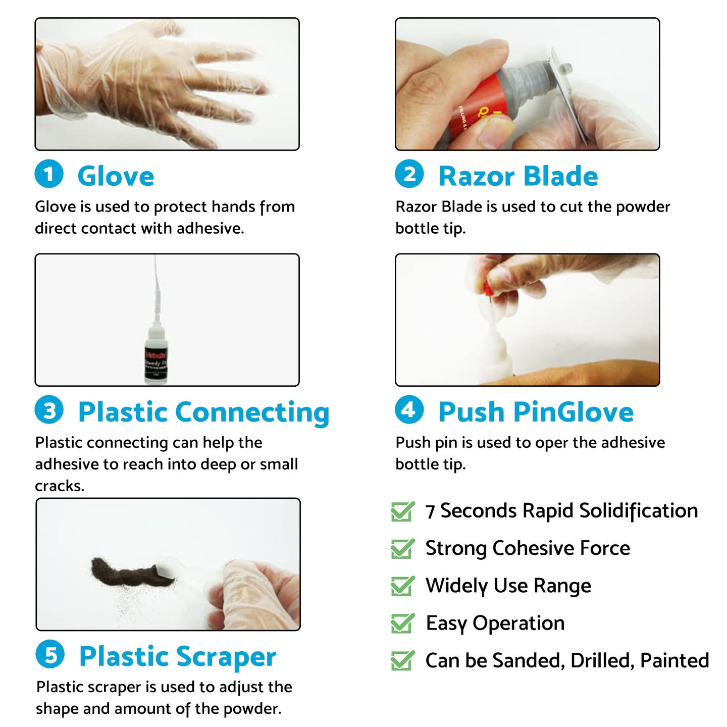 {{ 7 Seconds Quick Bonding Speedy Fix Repair Strong Powder Adhesive Glue Kit 5 Set }} - Buy Car Parts Online at {{ Kaka Auto Parts }}.