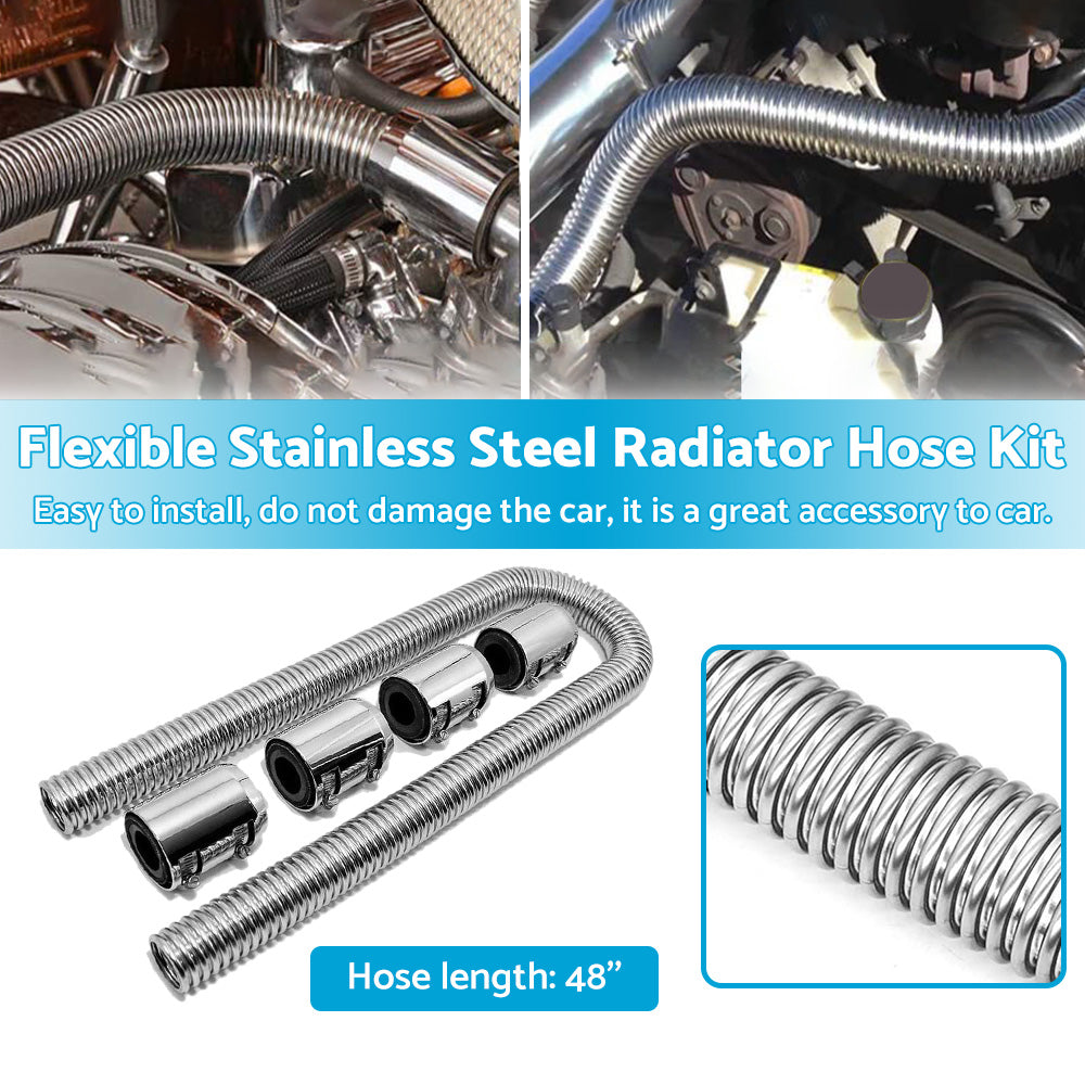 {{ 48inch Flexible Stainless Steel Radiator Hose Kit with Chrome Caps Car Polished }} - Buy Car Parts Online at {{ Kaka Auto Parts }}.