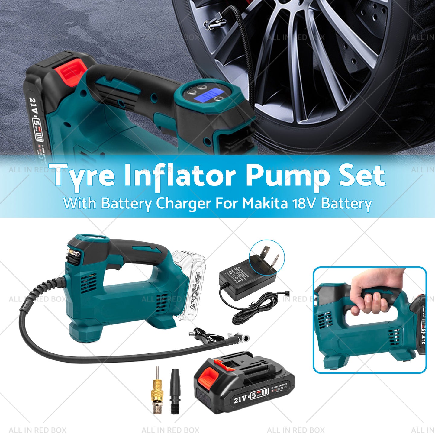 {{ Cordless Portable Tyre Inflator Pump w  Battery Charger For Makita 18V Battery }} - Buy Car Parts Online at {{ Kaka Auto Parts }}.