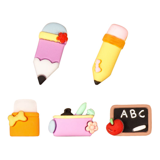 50x 3D Resin Cabochons Suitable For DIY Craft – School-Themed Colorful Pencil, Ruler & Book Shapes
