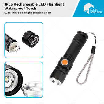 compare product 1pcs Black USB Rechargeable LED Flashlight Waterproof Torch Outdoor