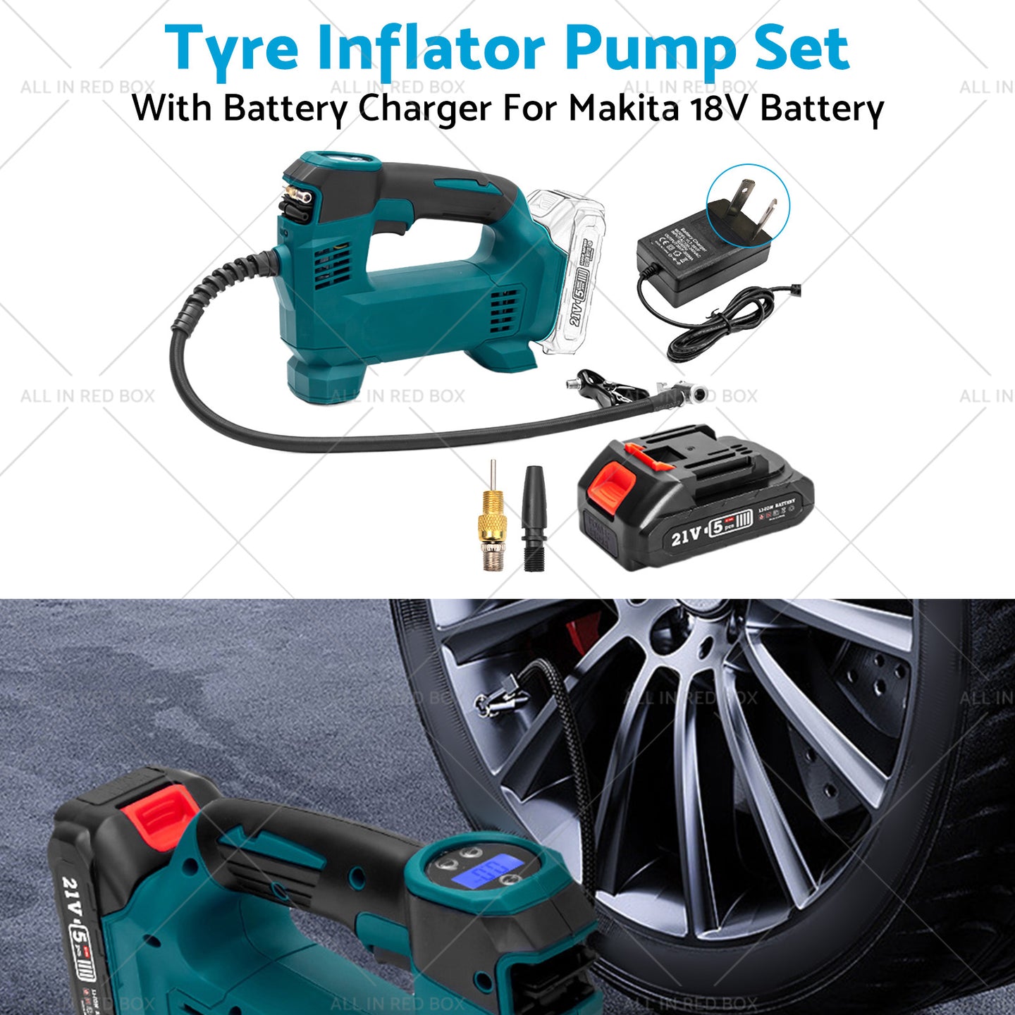 {{ Cordless Portable Tyre Inflator Pump w  Battery Charger For Makita 18V Battery }} - Buy Car Parts Online at {{ Kaka Auto Parts }}.