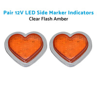 Heart Pair 12V LED Side Marker Indicators Clear Flash Amber