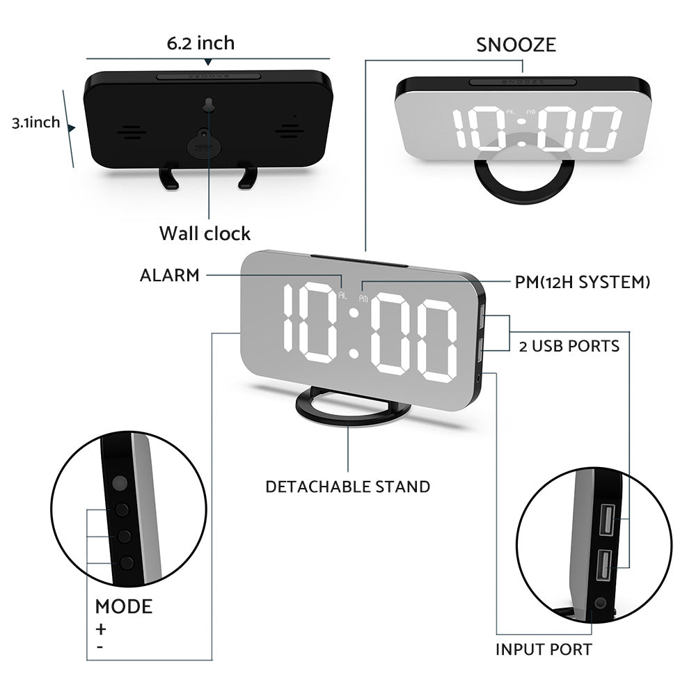 {{ Digital Alarm Clock Mirror LED Display Snooze Function Dim Mode Wall Bedroom }} - Buy Car Parts Online at {{ Kaka Auto Parts }}.
