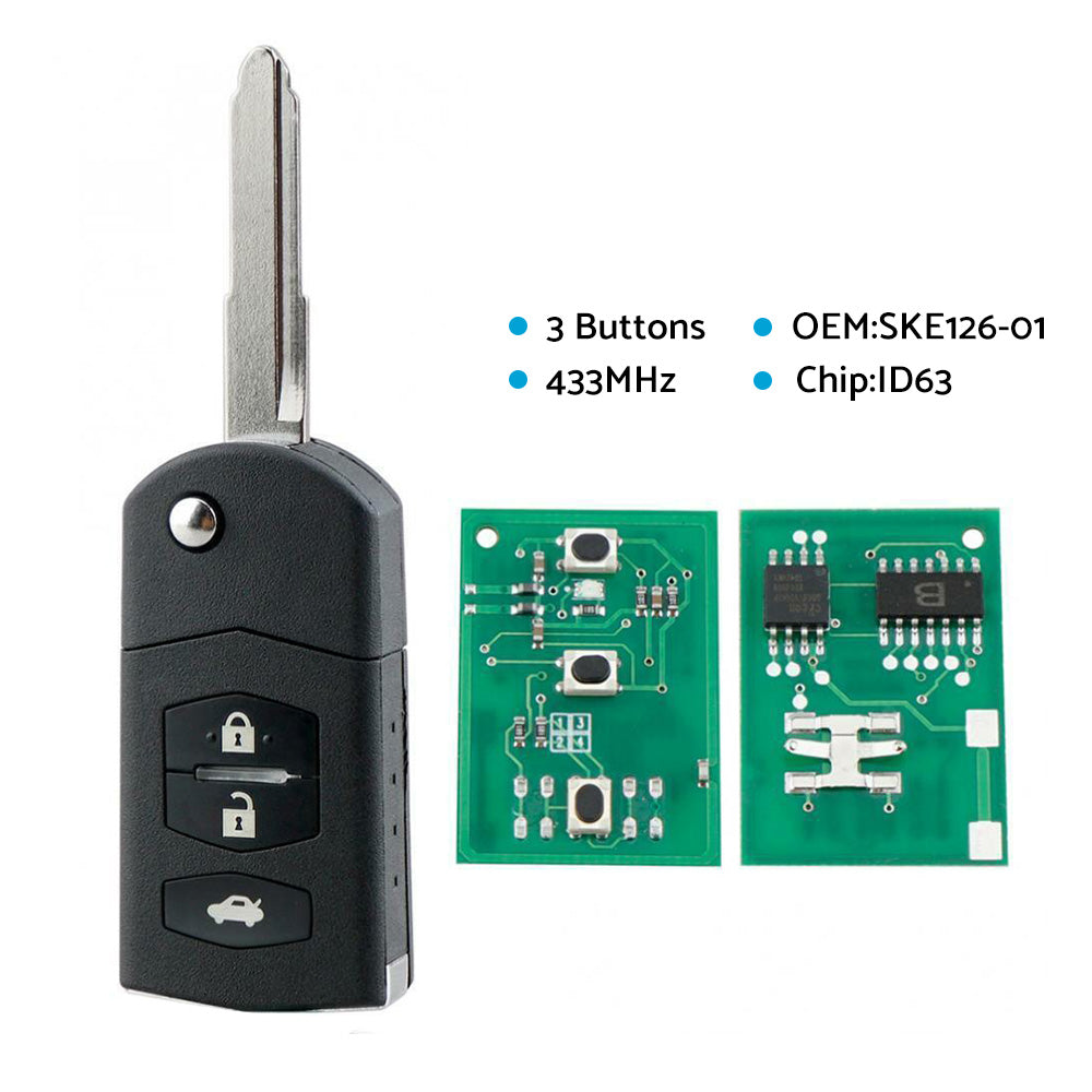 3 Button Complete Remote Car Key 433MHz ID63 80Bit Chip Suitable For Mazda 2 3 6