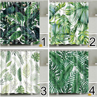 compare product Bathroom Fabric Shower Curtain 12 Hook Set Water Resistant Tropical Plants Panel