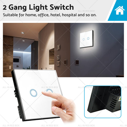 87x87mm LED Touch Wall Light Switch 2-Gang 1-Way Suitable For Home & Office Installation
