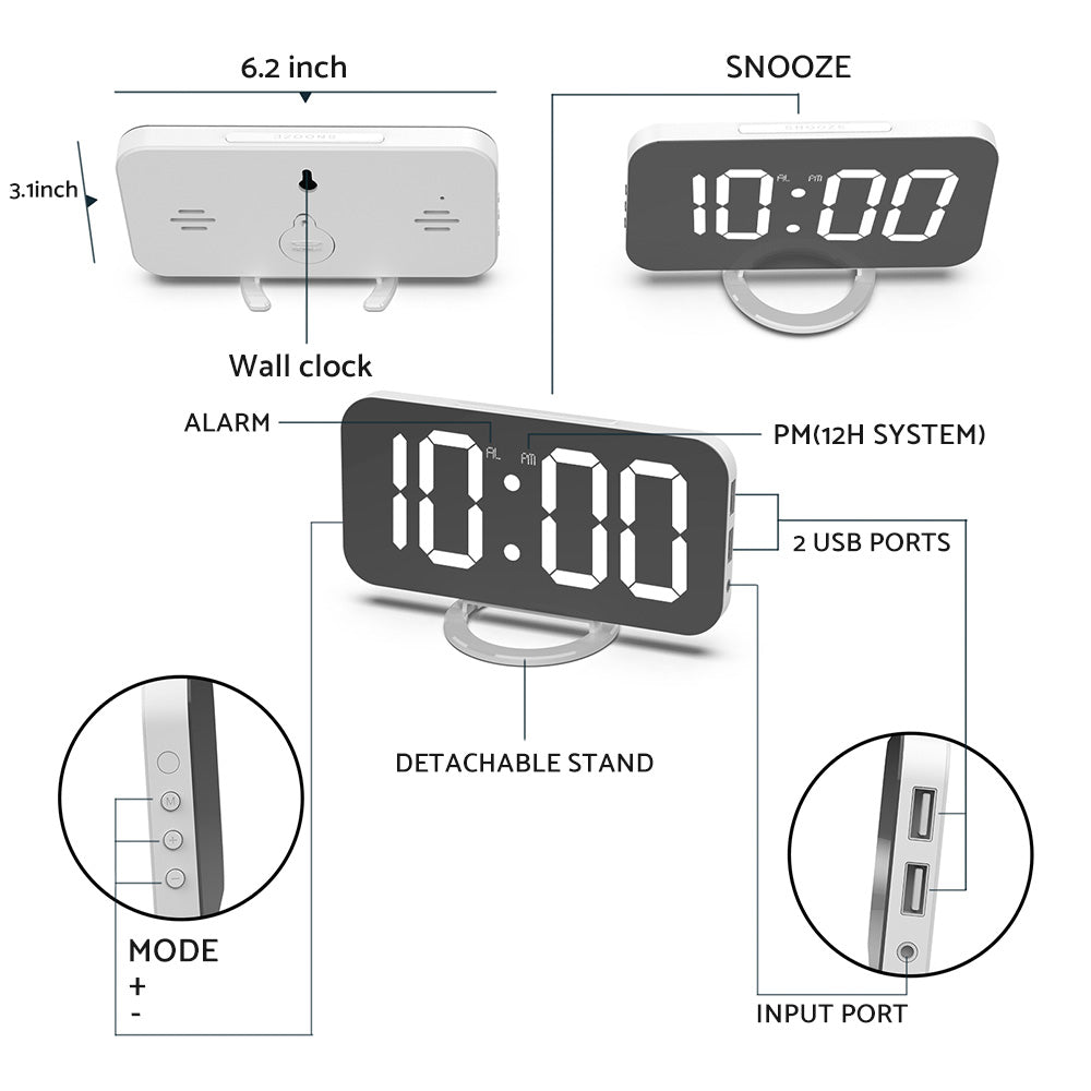 {{ Digital Alarm Clock Mirror LED Display Snooze Function Dim Mode Wall Bedroom }} - Buy Car Parts Online at {{ Kaka Auto Parts }}.
