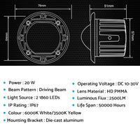 2x 3inch Flush Mount LED Work Light Bar Reverse Fog Lamp 4WD White Yellow 8D Len