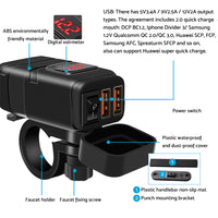 Dual USB Port Motorcycle Fast Charger Socket Suitable For Motorcycles – With LED Voltmeter Display & ON/OFF Switch